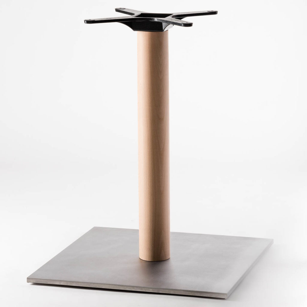 Stół z dużą drewnianą kolumną w podstawie ze stali inox